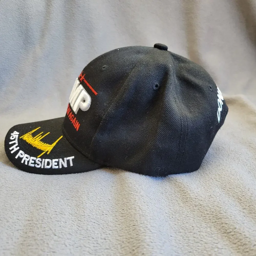 TRUMP HAT Cap Black Adjustable Gold Signature Embroidered 45 Stars MAGA Red